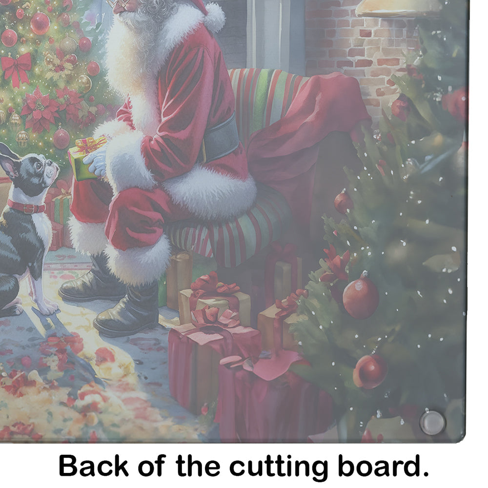 Boston Terrier and Santa Claus Glass Cutting Board