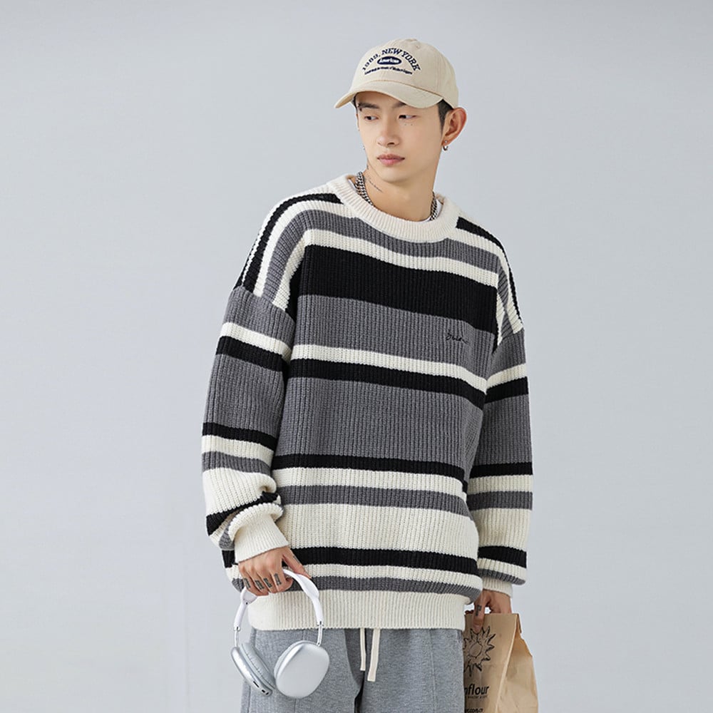 Men's Retro Contrast Color Striped Sweater