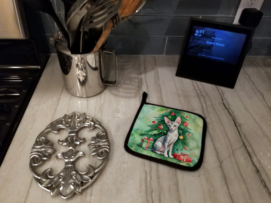 Oriental Shorthair Cat By the Christmas Tree Pair of Pot Holders