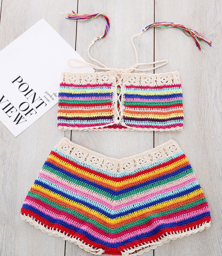Women's Knitted Striped Bikini Set - Handmade Swimwear