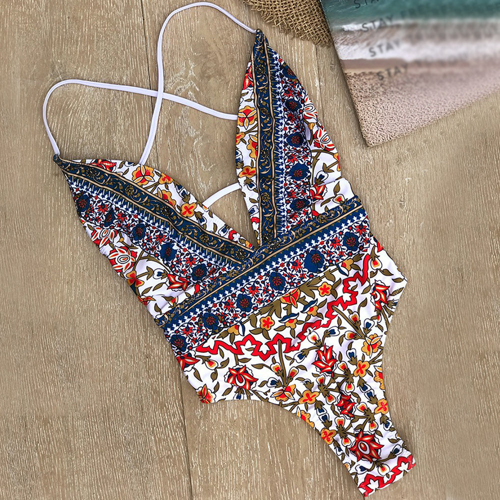 Boho Floral Deep-V One-Piece Swimsuit