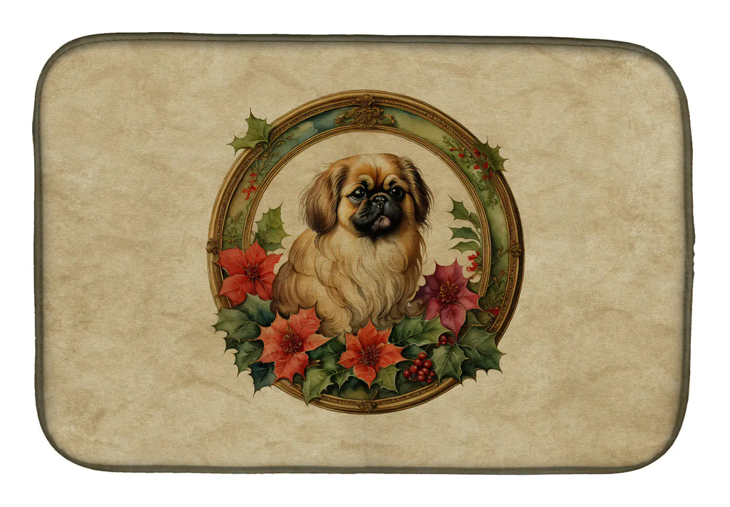 Pekingese Christmas Flowers Dish Drying Mat