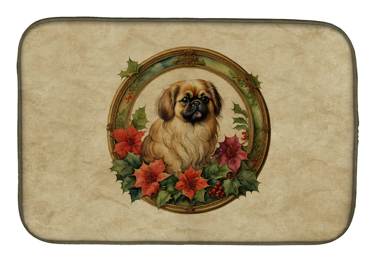 Pekingese Christmas Flowers Dish Drying Mat