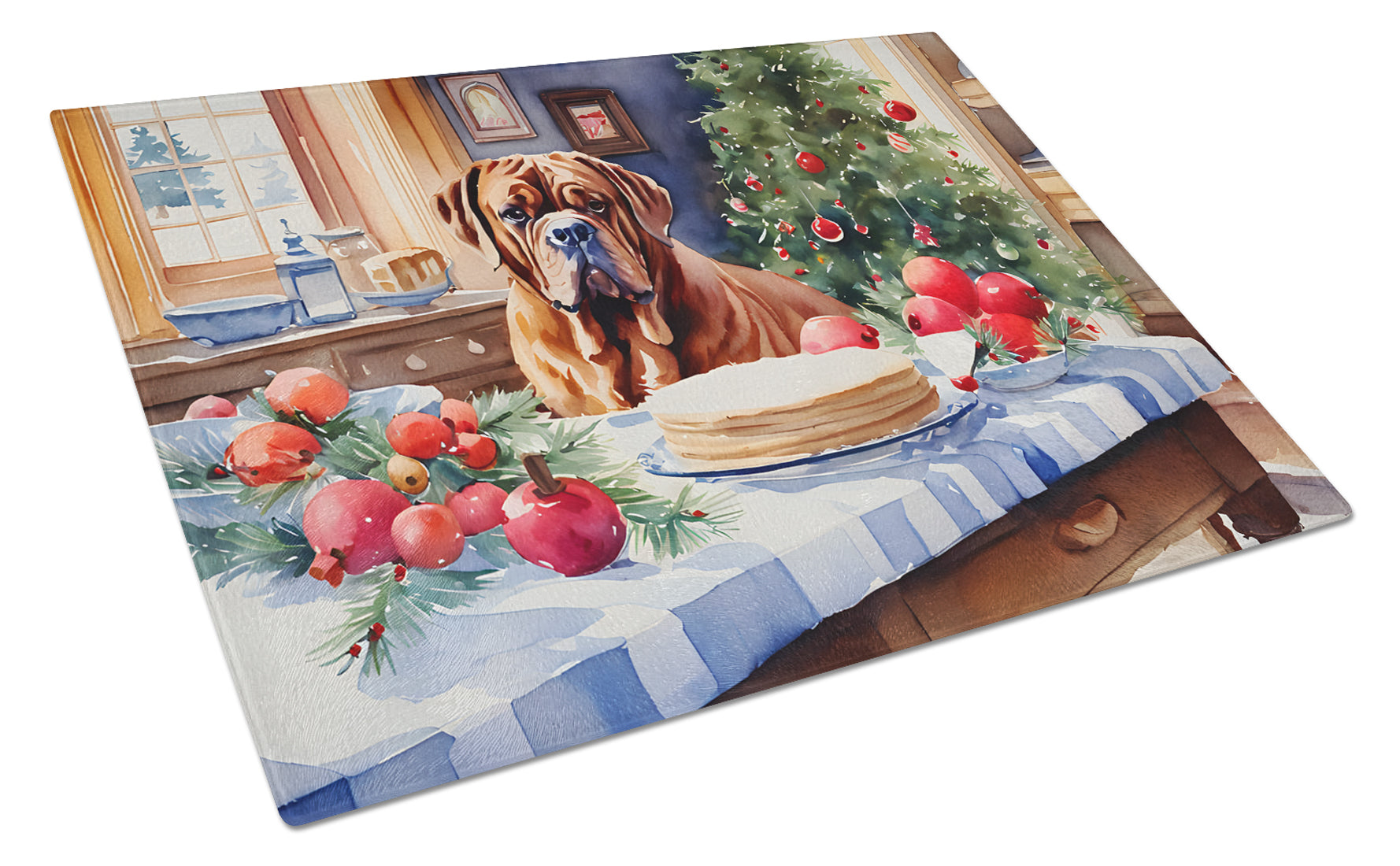 Dogue de Bordeaux Christmas Cookies Glass Cutting Board