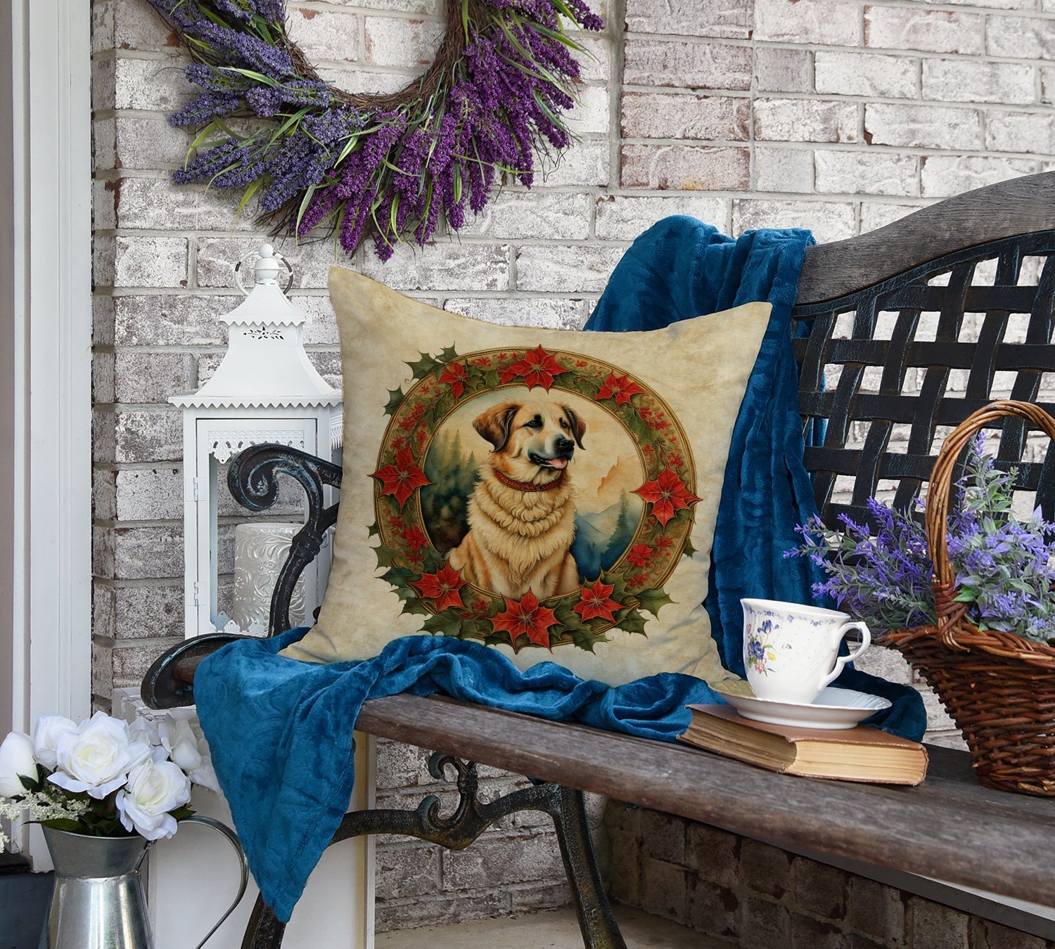 Anatolian Shepherd Dog Christmas Flowers Throw Pillow