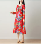 Cotton Linen Dress, Ethnic Style Mid-Length Dress