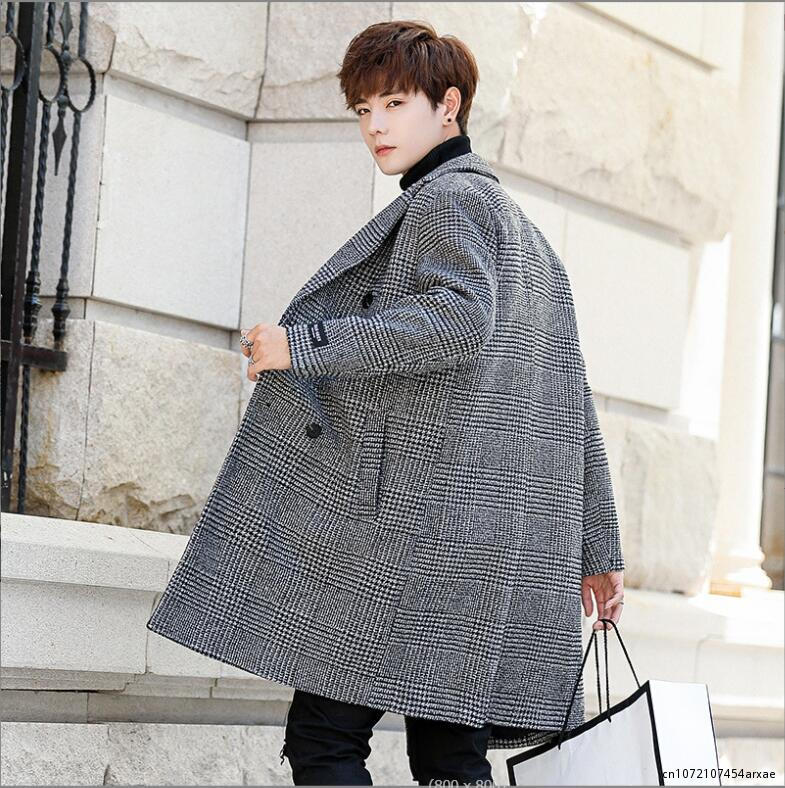 Chic Men's Plaid Double Breasted Wool Blend Coat