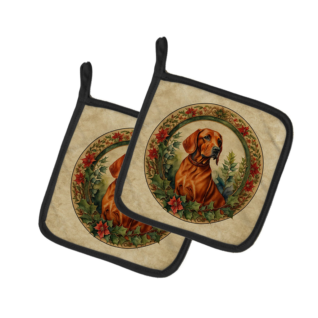 Red Redbone Coonhound Christmas Flowers Pair of Pot Holders