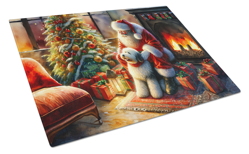 Old English Sheepdog and Santa Claus Glass Cutting Board