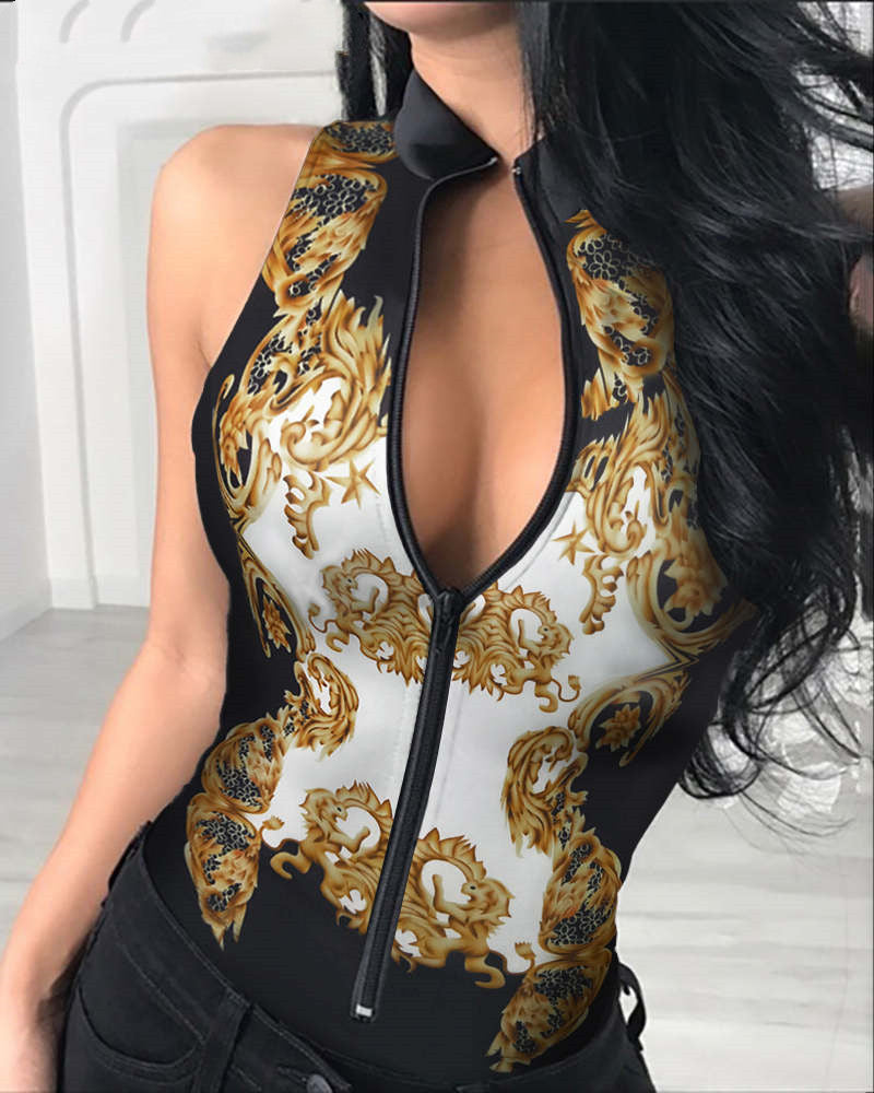 2020 Black Zip Bodysuit with Peacock Print Jumpsuit