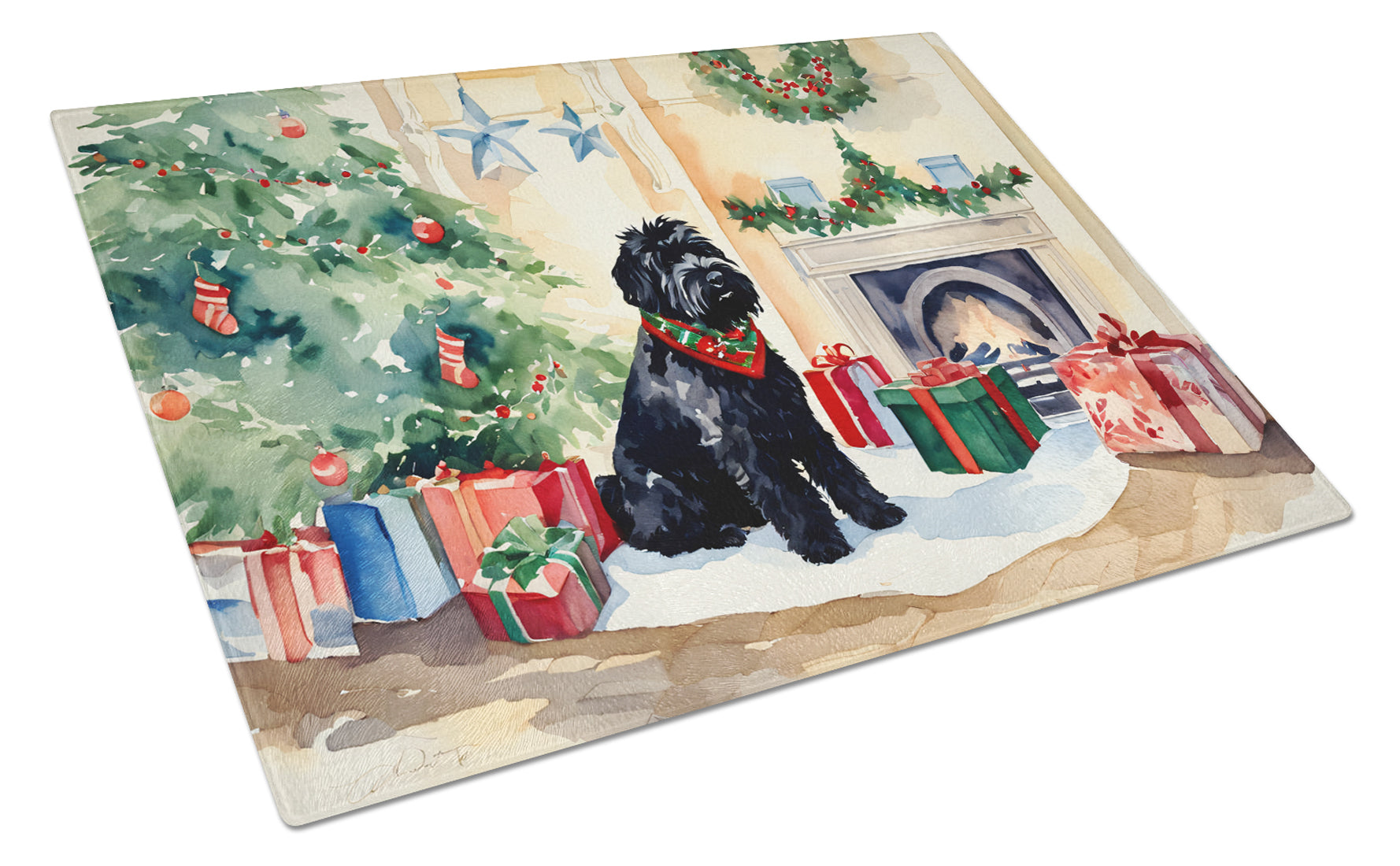 Black Russian Terrier Cozy Christmas Glass Cutting Board