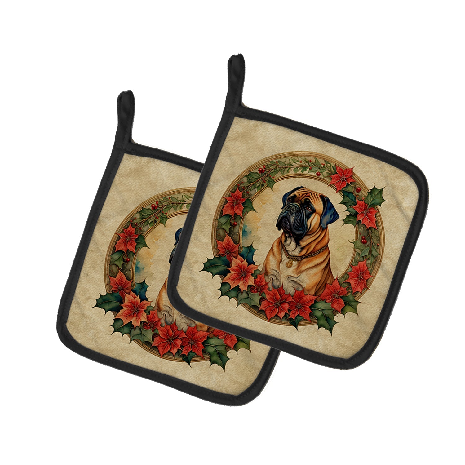 Bullmastiff Christmas Flowers Pair of Pot Holders