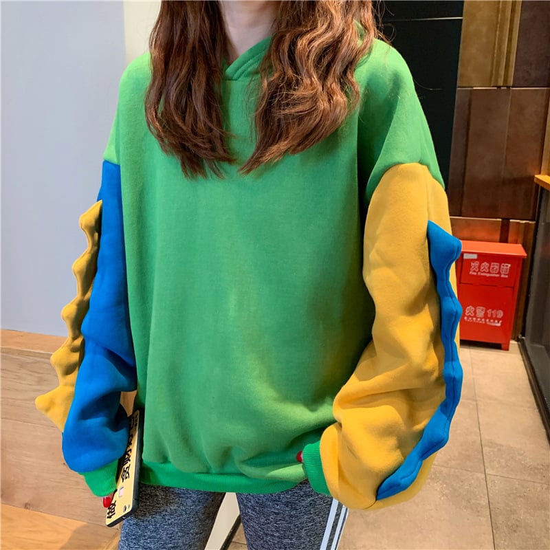 Cute Irregular Color Matching Hooded Dinosaur Sweater