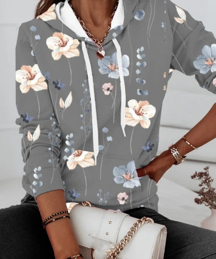 Floral Print Hooded Long Sleeve Leisure Sweater