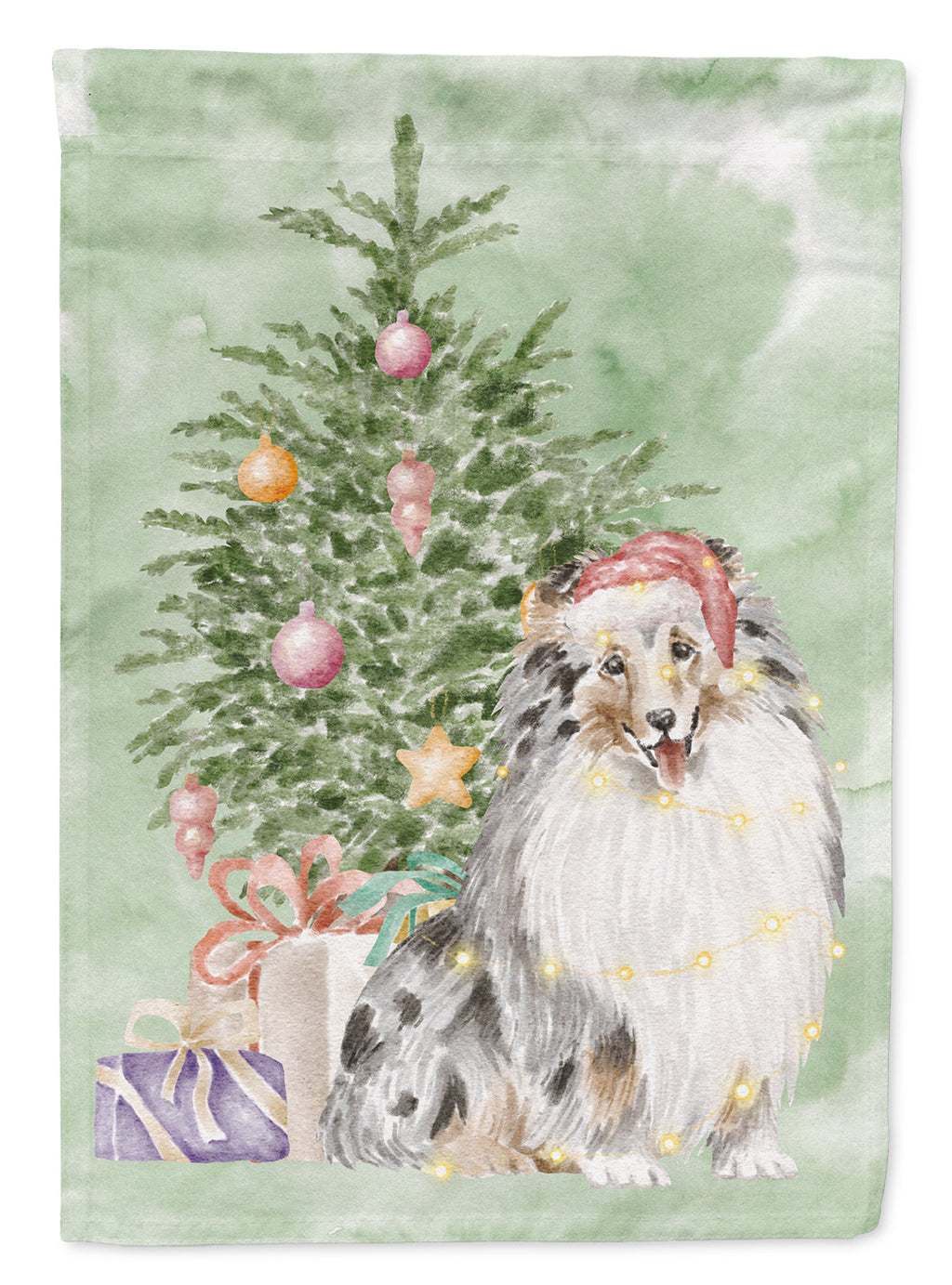 Sheltie Merle Christmas Presents and Tree Garden Flag