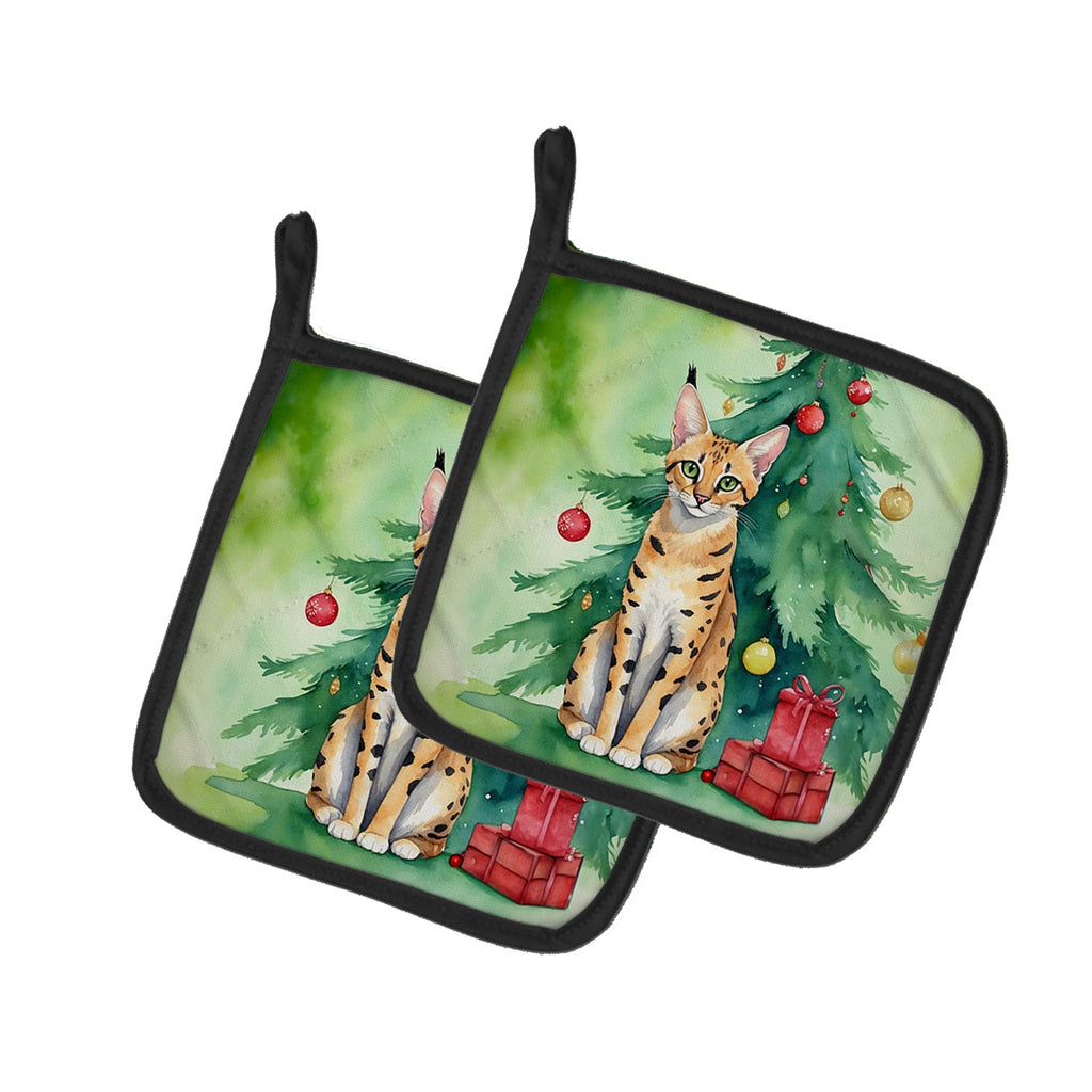 Serengeti Cat By the Christmas Tree Pair of Pot Holders