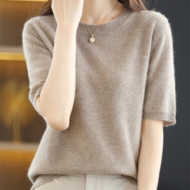 Women's Slim Fit Short-Sleeve Wool Cotton Blend Sweater