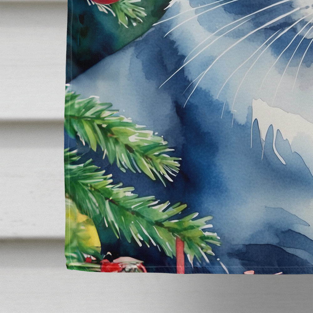 Ojos Azules Cat By the Christmas Tree House Flag