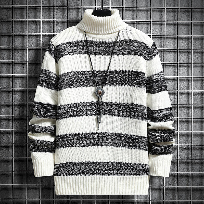 Men's High-Neck Striped Sweater for Autumn and Winter