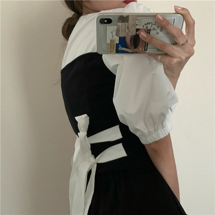 Ruiifan Summer New Puff Sleeve Tie Waist Shirt & Dress