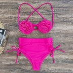 Solid Color High-Waist Bikini with Backless Design