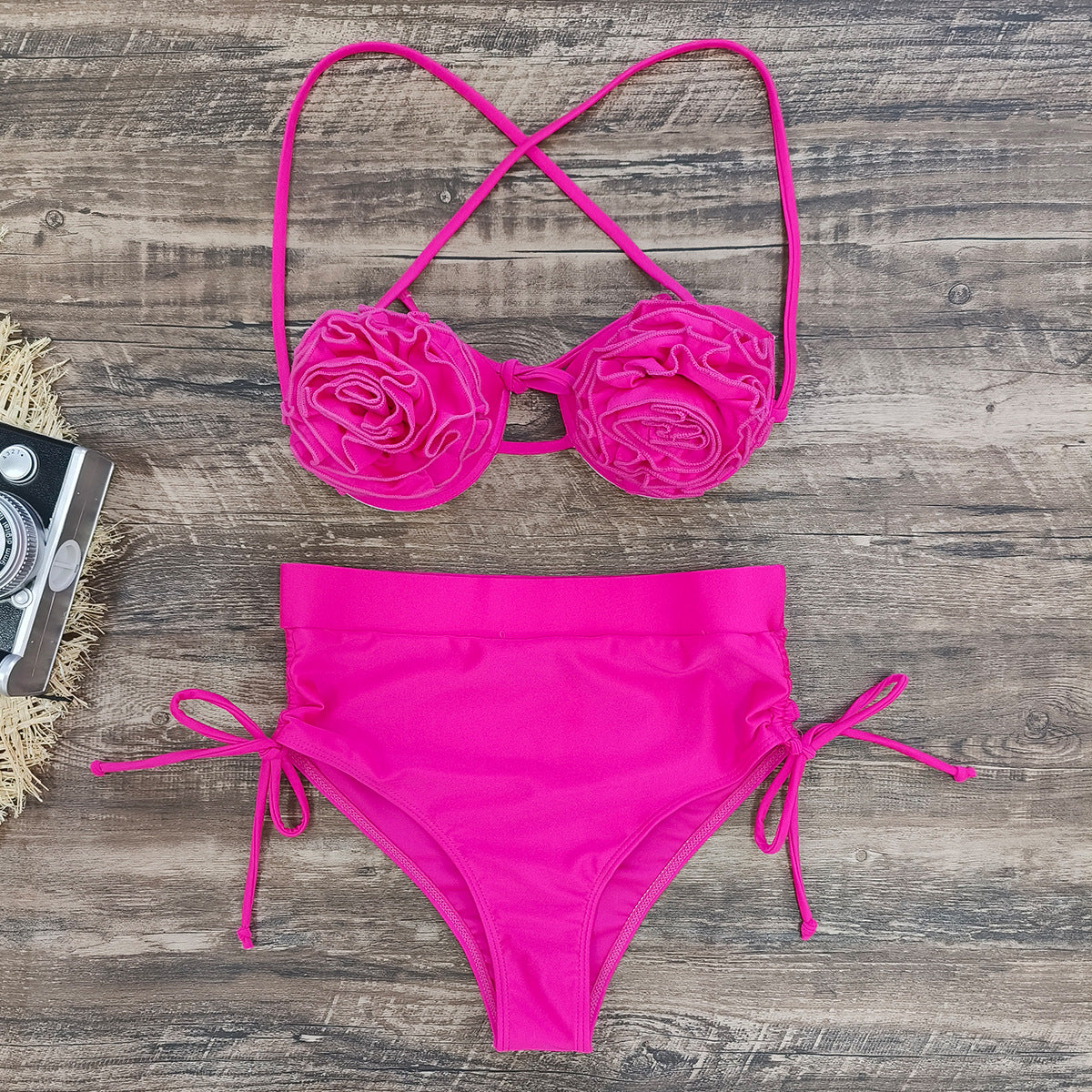 Solid Color High-Waist Bikini with Backless Design