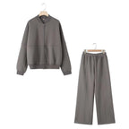 Retro Solid Color Bomber Sweater Jacket And High Waist Flannel Pants