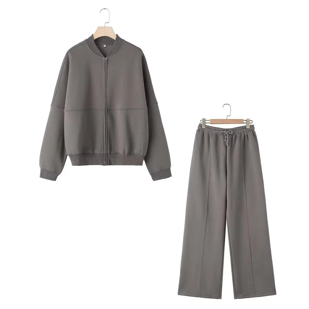 Retro Solid Color Bomber Sweater Jacket And High Waist Flannel Pants