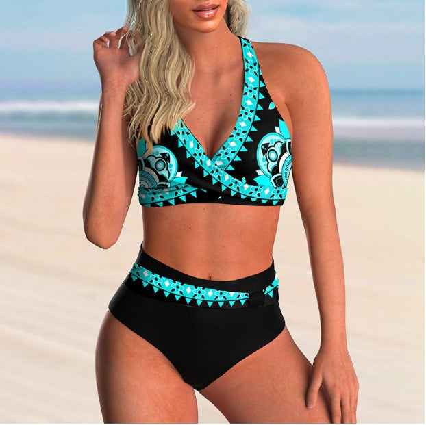 Retro Print High-Waisted Bikini Set for Women