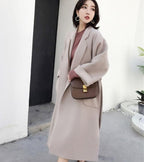 Mid-Length Women's Red Woolen Coat with Maple Leaf Design