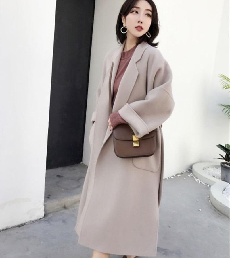 Mid-Length Women's Red Woolen Coat with Maple Leaf Design