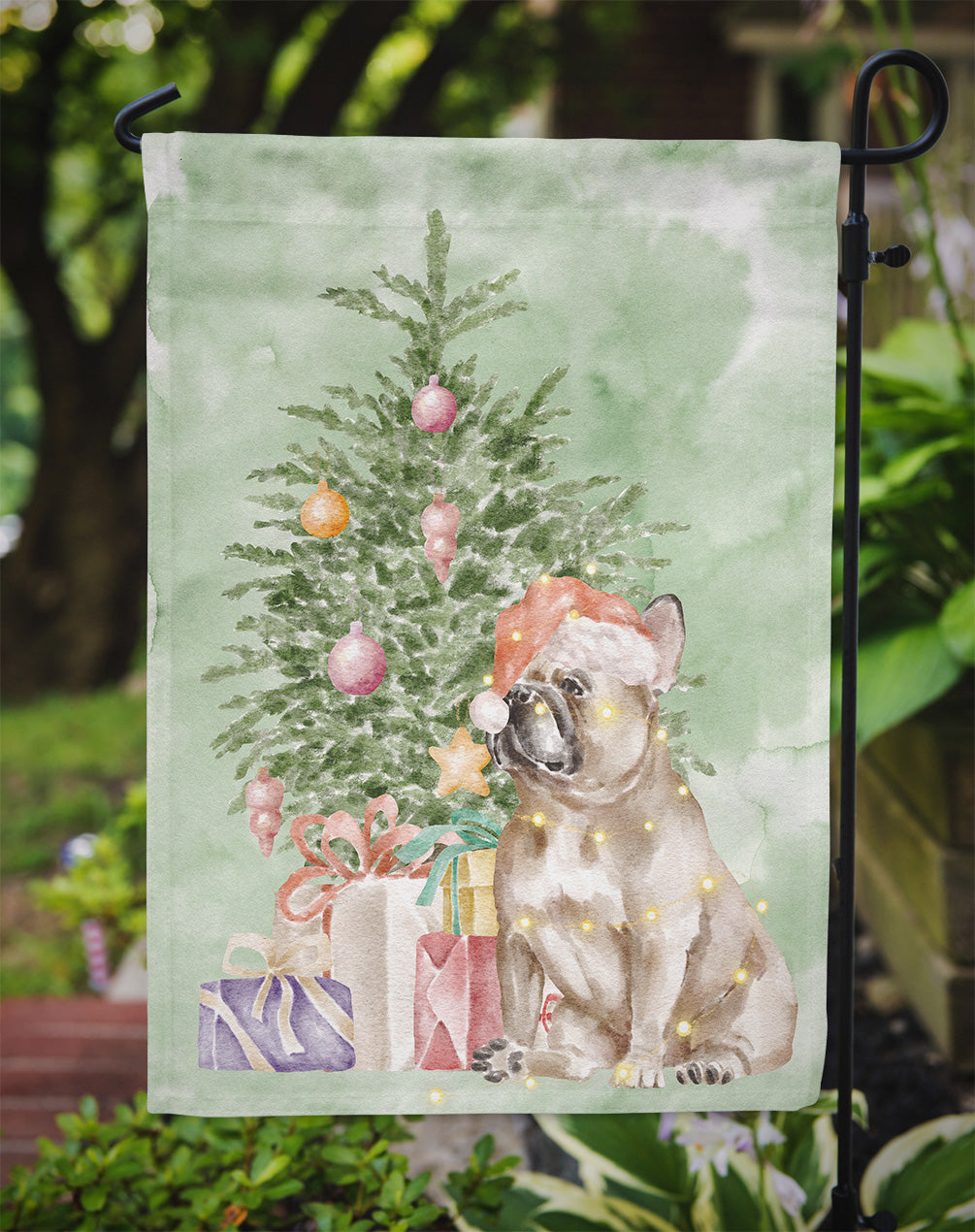 French Bulldog Fawn Christmas Presents and Tree Garden Flag