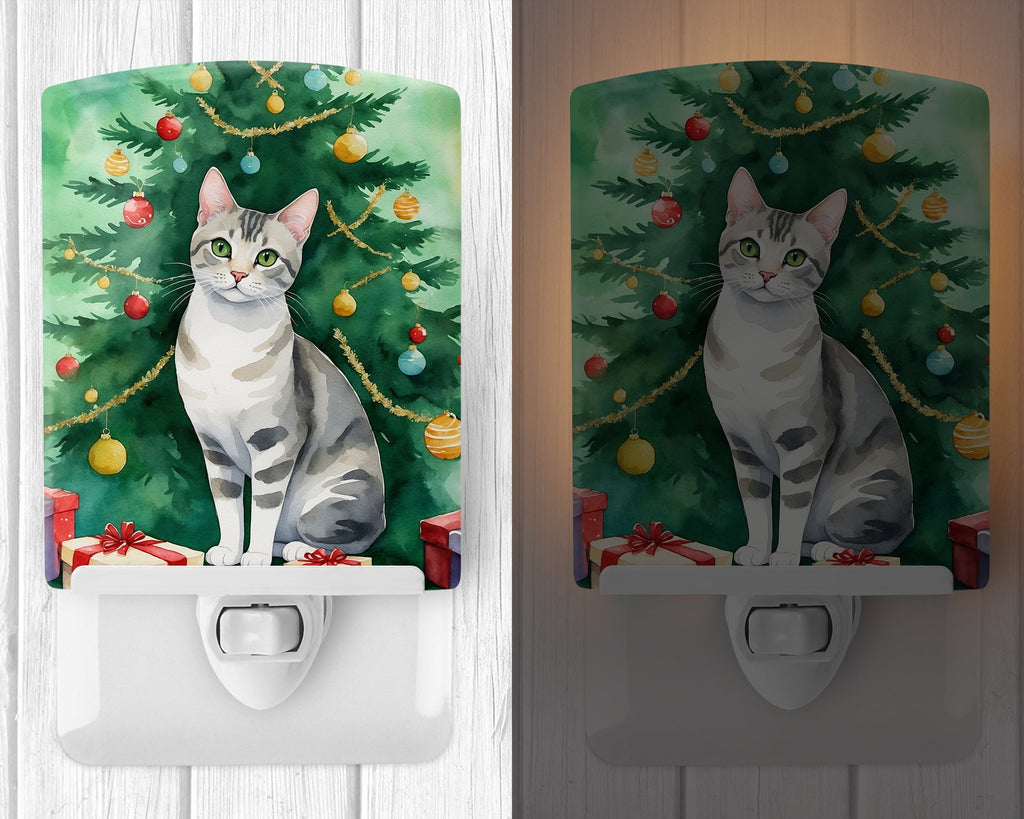 European Shorthair Cat By the Christmas Tree Ceramic Night Light