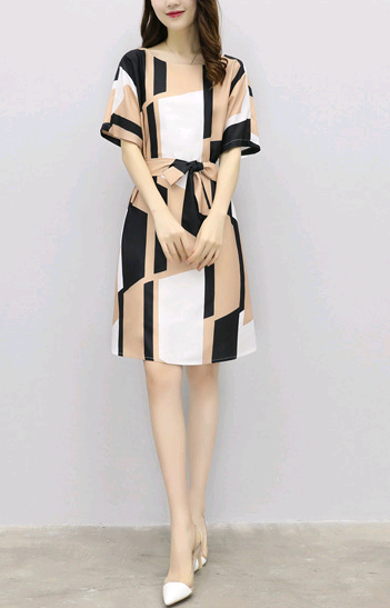 Cotton A-Line Dress with Waist Tie and Short Sleeves