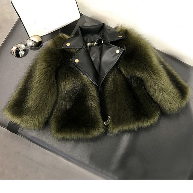 Children's Faux Fox Fur Coat - Casual Military Green
