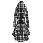 New Women's Winter Plaid Coat with Hood and Belt
