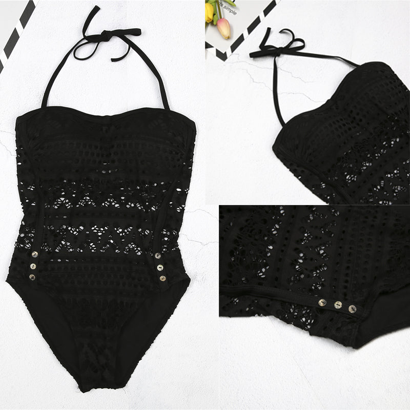 Black Crochet Lace One-Piece Swimsuit