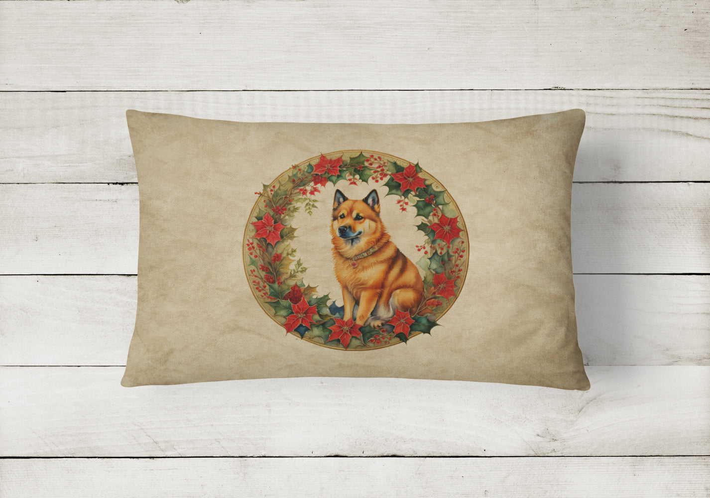 Finnish Spitz Christmas Flowers Throw Pillow
