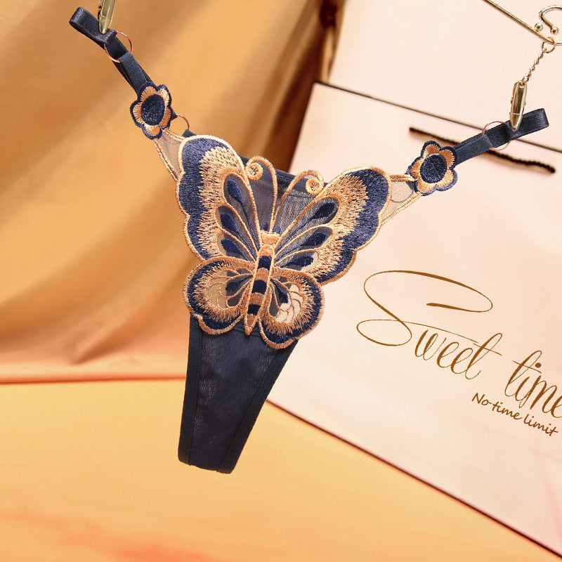 Adjustable Plus Size Butterfly Embroidery Thong Panties