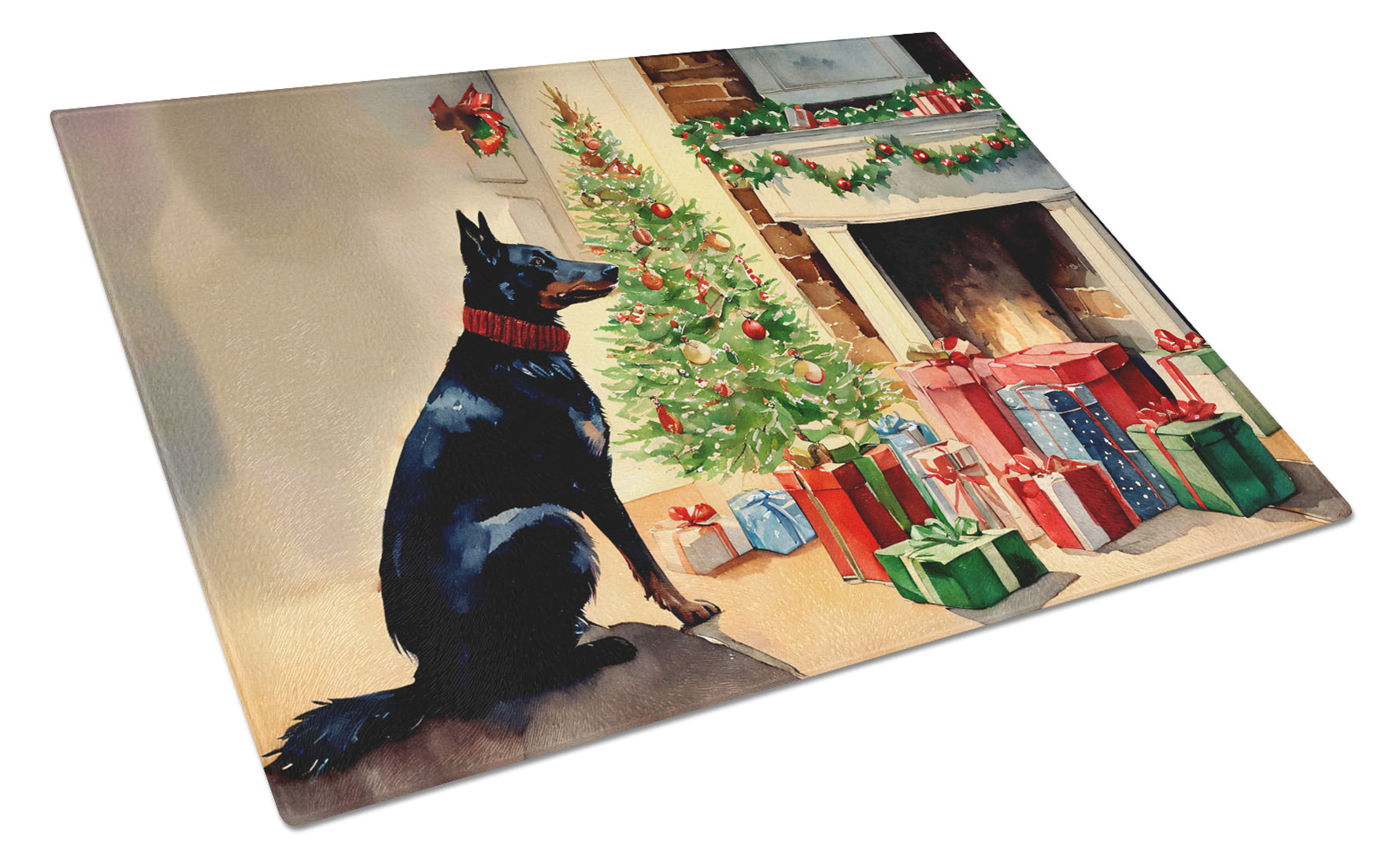 Australian Kelpie Cozy Christmas Glass Cutting Board