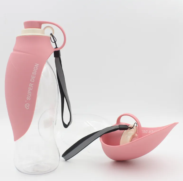 Portable Dog Water Bottle for Walking & Travel, 580ml Leak-Proof Silicone Dispenser with Fold-Out Drinking Bowl & Wrist Strap
