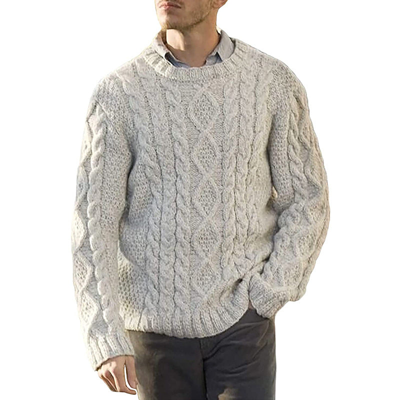 Men's Solid Color Round Neck Sweater - European Style