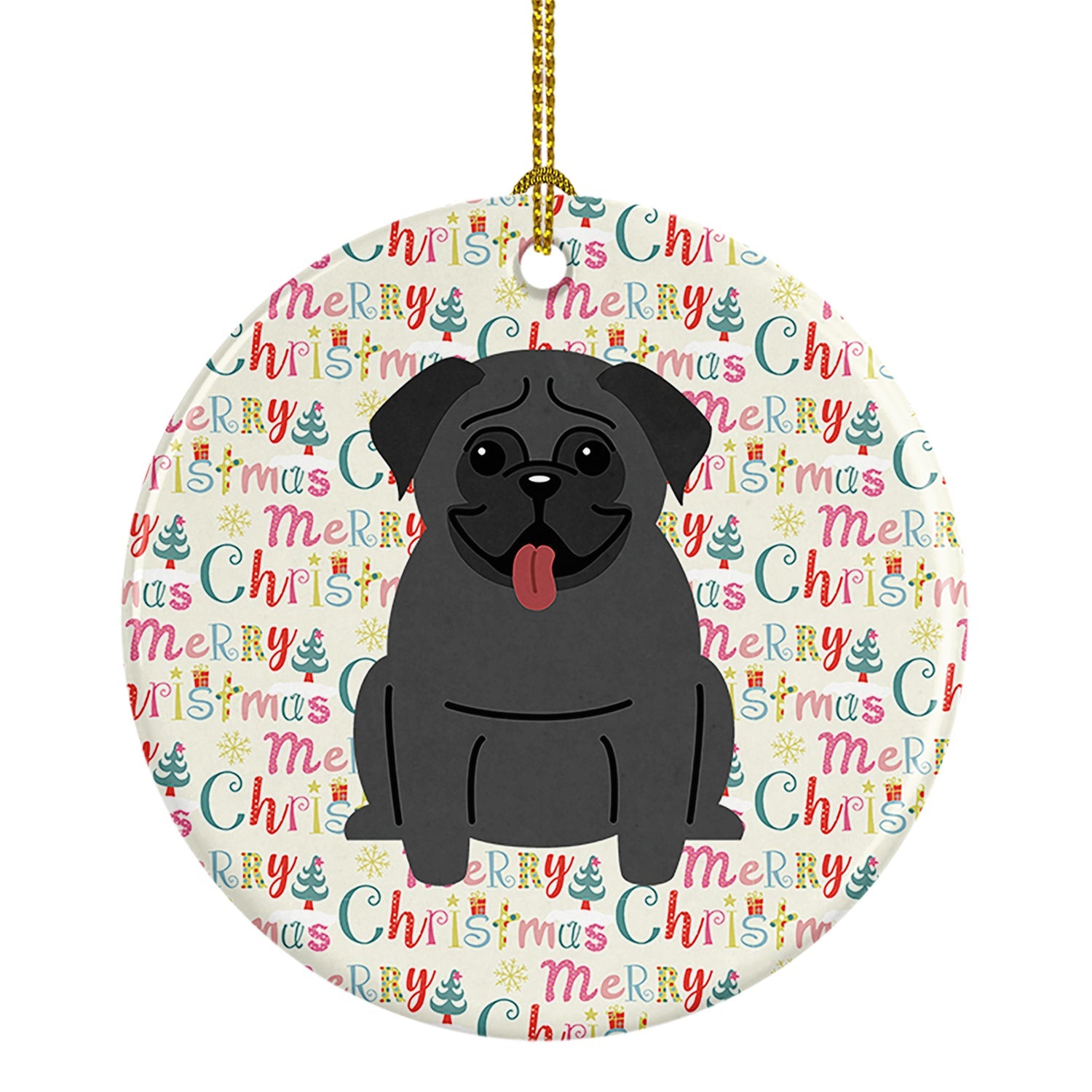 Merry Christmas Pug Black Ceramic Ornament