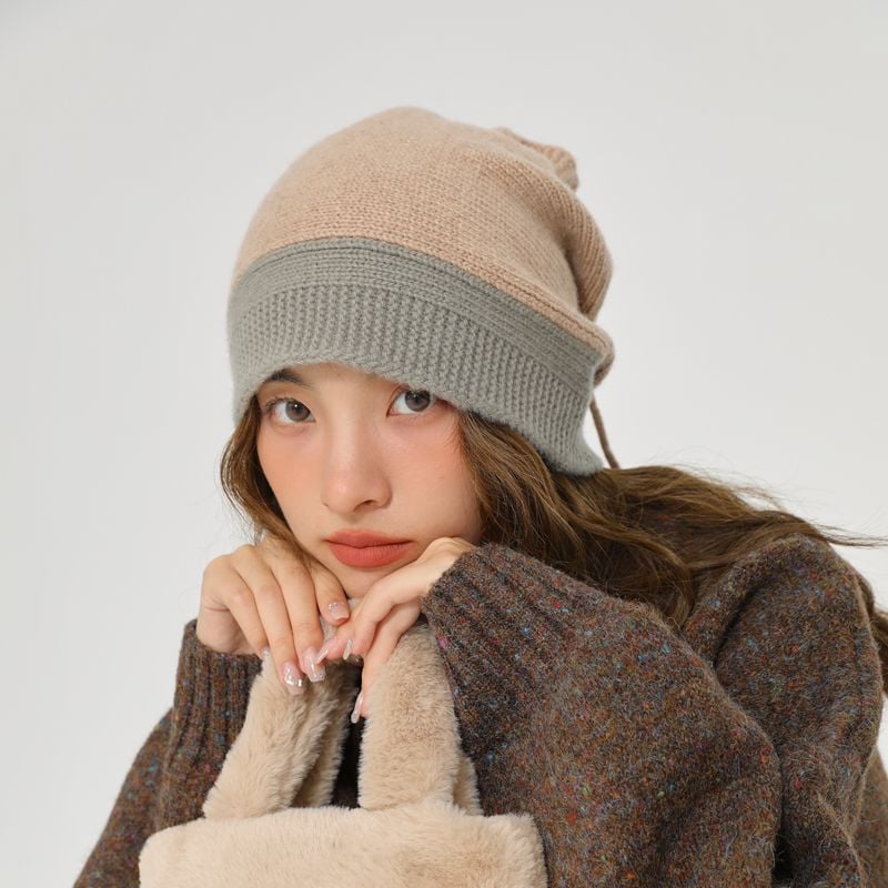 Dual-use Wool Knitted Pile Hat with Collar | Embroidered Cap