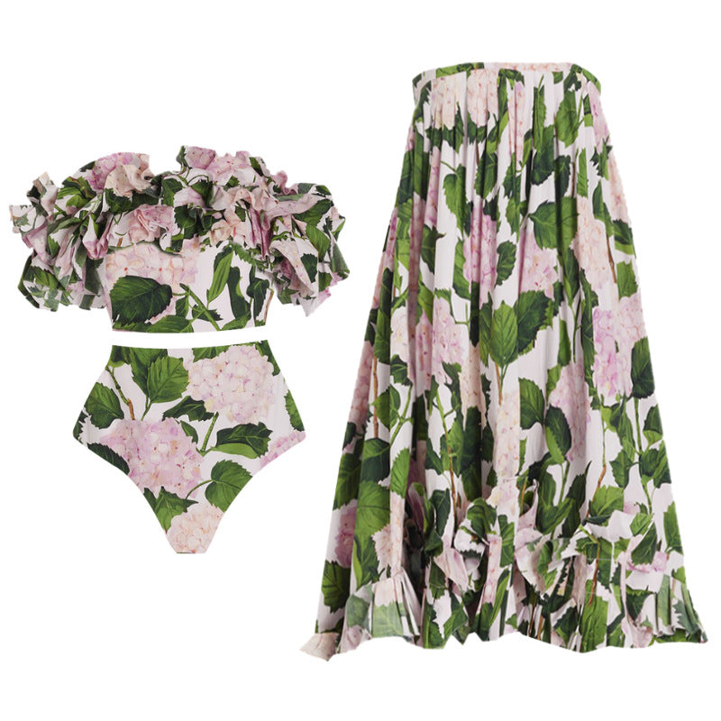 2024 Women's Ruffled Bikini Set with Hydrangea Design