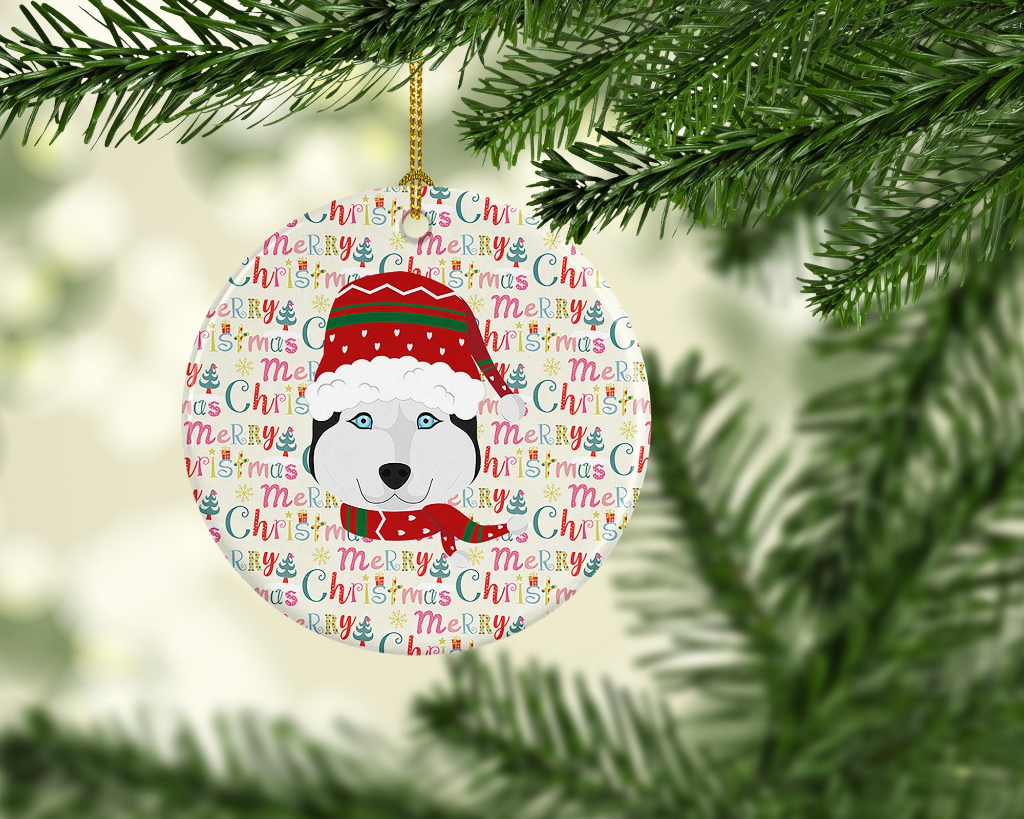 Siberian Husky Merry Christmas Ceramic Ornament