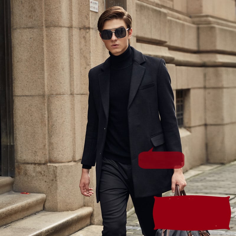 Men's Mid-Length Wool Trench Coat for Autumn & Winter