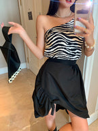 Zebra Print Women's One-Shoulder Tank Top