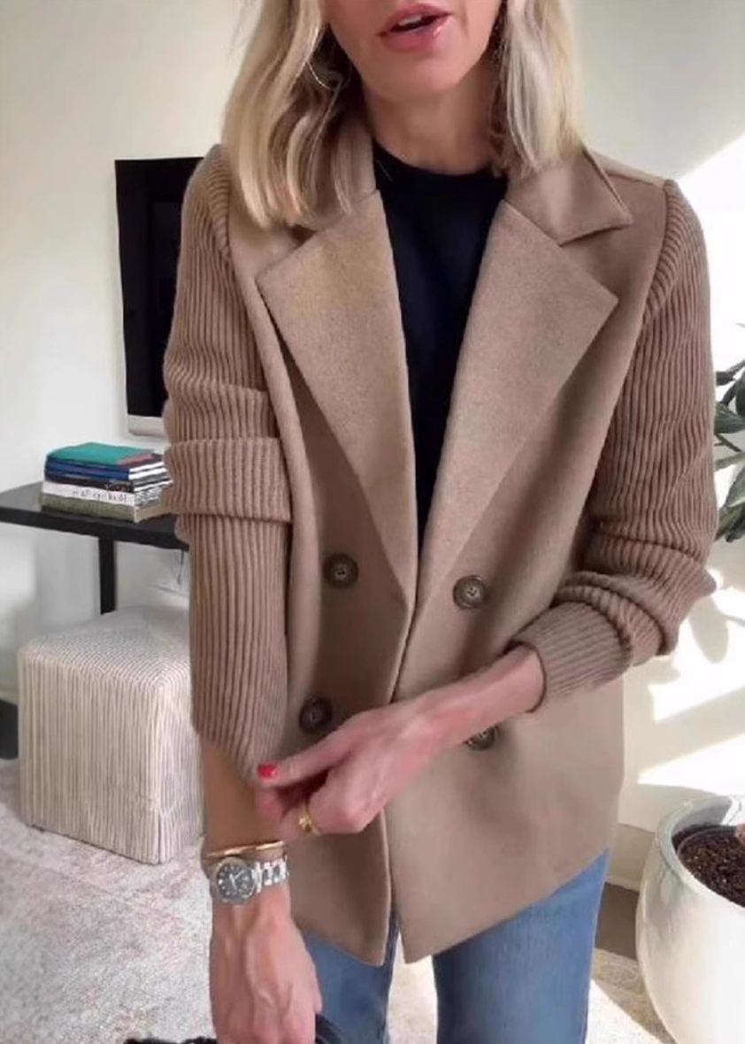 Women's Double-Breasted Lapel Coat with Knitted Sleeves