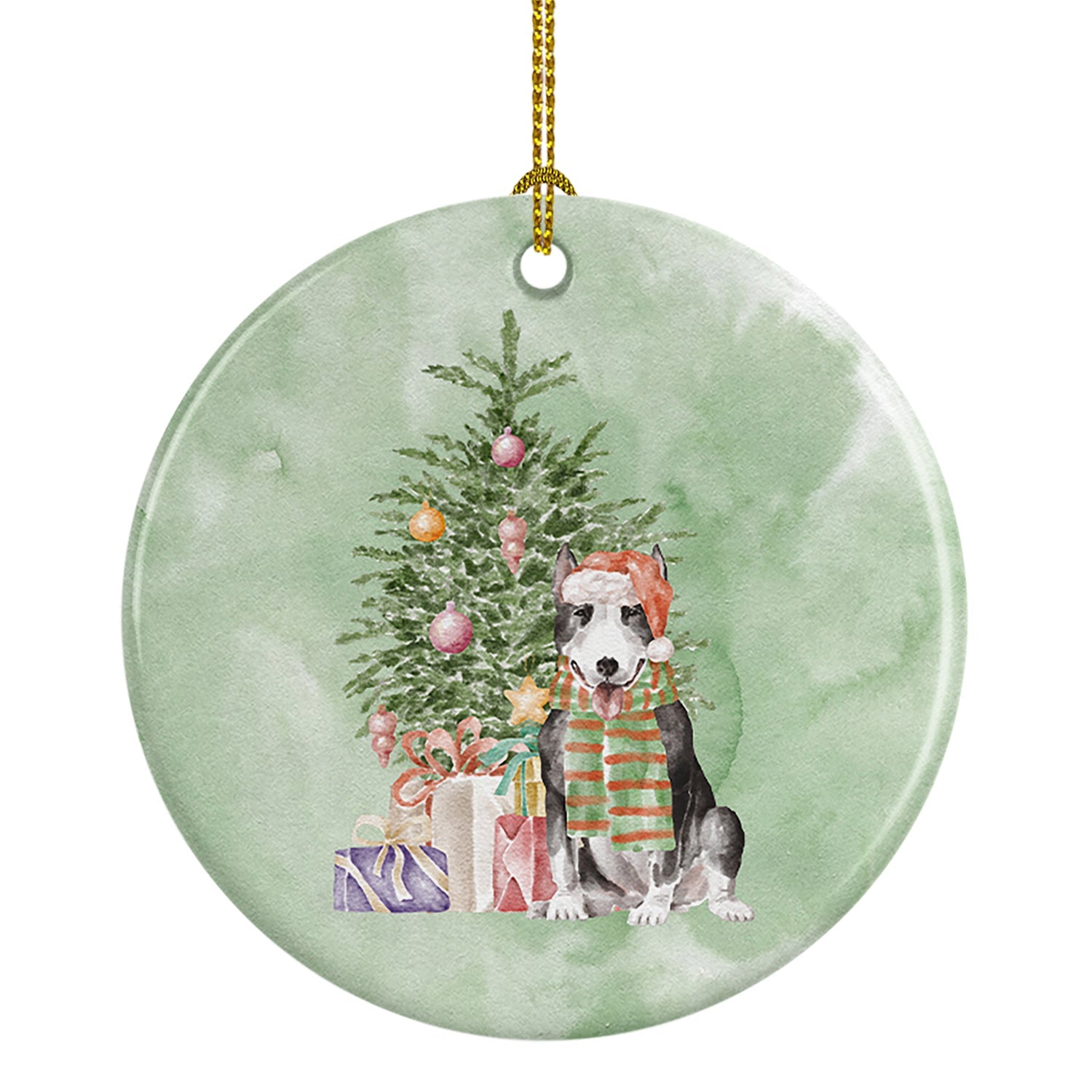 Bull Terrier Black Christmas Presents and Tree Ceramic Ornament